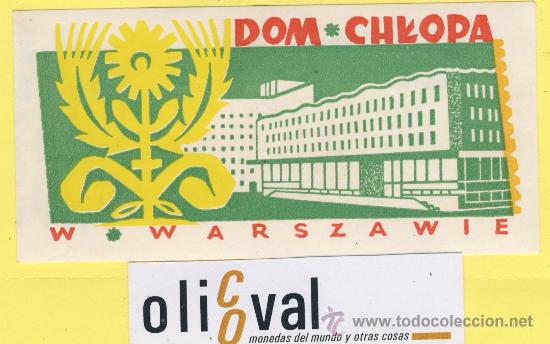 Etiquetas antiguas: ETIQUETA  HOTEL -Republica Checa- Checoslovaquia-hotel dom chlopa WARSZAWA  80 x 80 mm