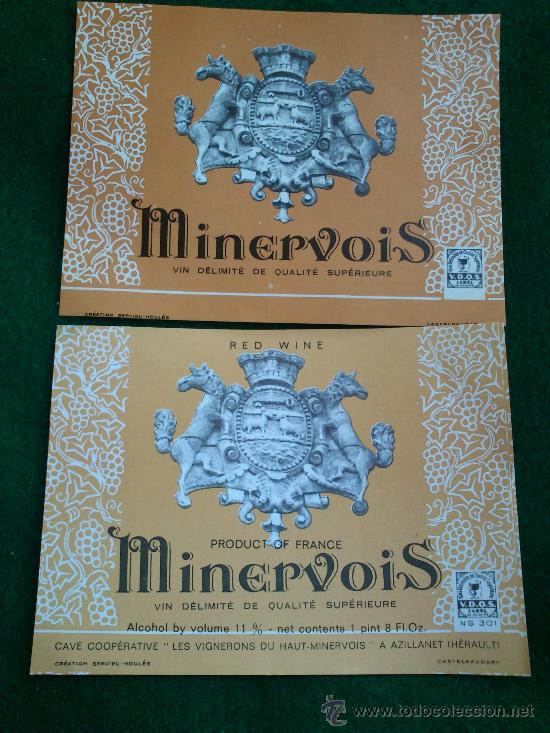 Etiquetas antiguas: Lote de 2 etiquetas nuevas de vino frances Minervois