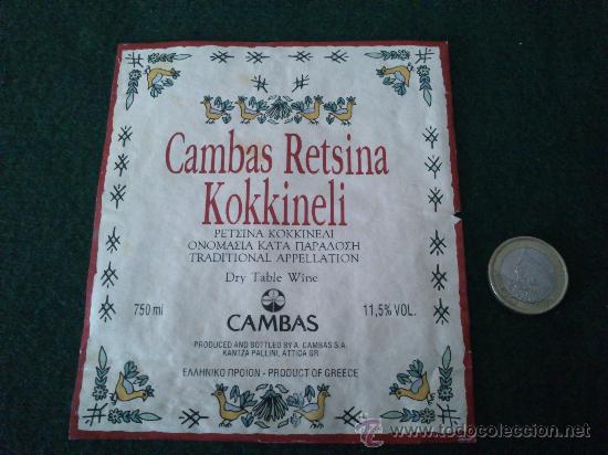 Etiquetas antiguas: 1 etiqueta de vino griego Cambas Retsina Kokkineli
