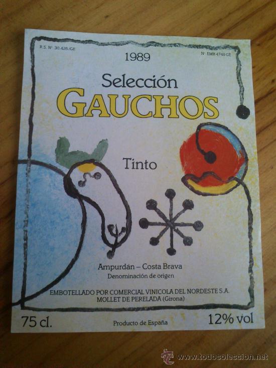 Etiquetas antiguas: 1 etiqueta nueva de vino seleccion Gauchos 1989 tinto