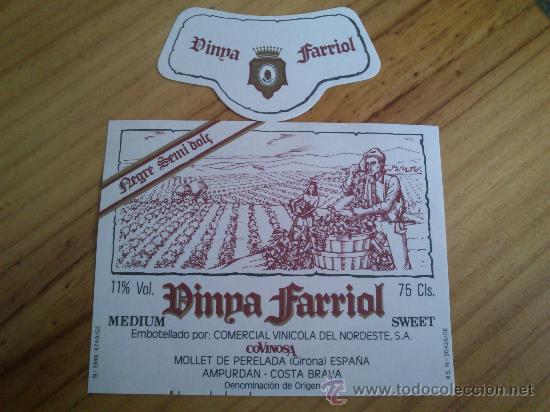 Etiquetas antiguas: 1 etiqueta nueva de vino Vinya Farriol negre semi dol&ccedil;