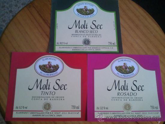 Etiquetas antiguas: Lote de 3 etiquetas nuevas de vino Moli Sec tinto, rosado y blanco seco