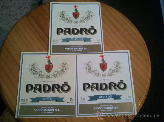 Etiquetas antiguas: Lote de 3 etiquetas nuevas de vino de mesa Padr&ograve;, blanco, rosado y tinto