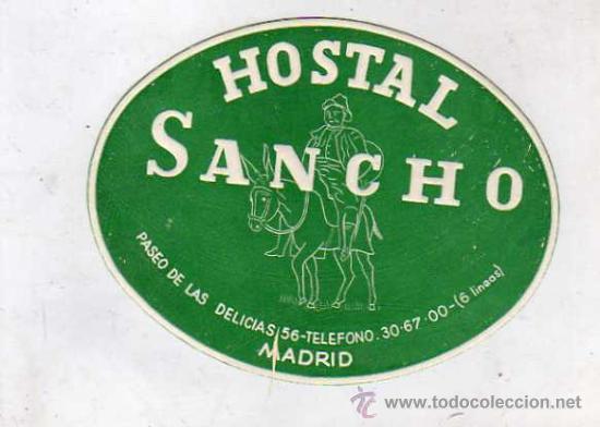 Etiquetas antiguas: Etiqueta de hotel hostal Sancho. Madrid. 12 x 9 cm.