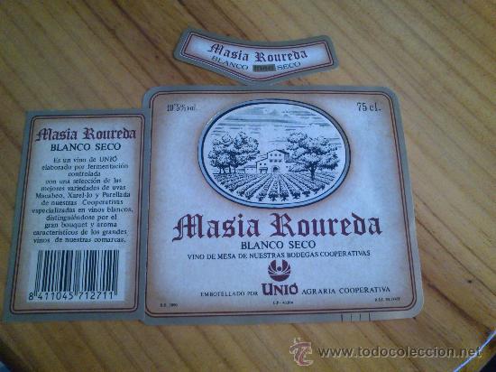 Etiquetas antiguas: Lote de 1 etiqueta delantera, trasera y del cuello nuevas de la botella de vino Masia Roureda