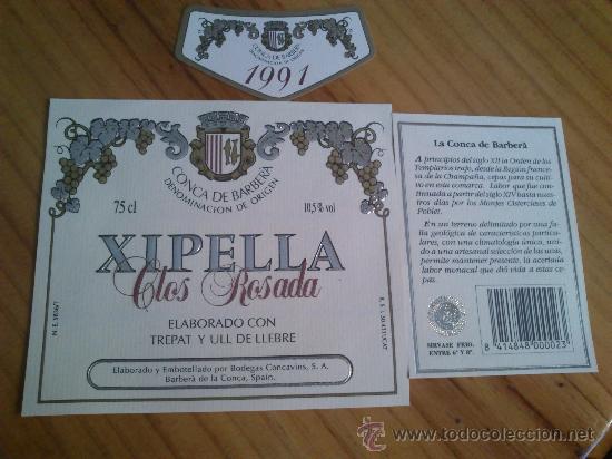 Etiquetas antiguas: 1 etiqueta delantera nueva, trasera y cuello de la botella de vino Xipella clos rosado 1991.
