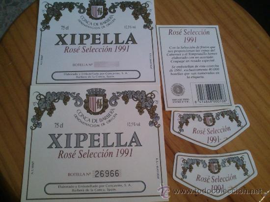 Etiquetas antiguas: Lote De 2 Etiquetas Nuevas Delanteras, 2 Del Cuello Y 1 Trasera De La Botella Xipella Ros&eacute;.