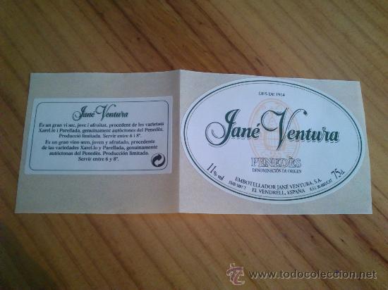 Etiquetas antiguas: 1 etiqueta nueva delantera y trasera de la botella de vino Jan&egrave; Ventura