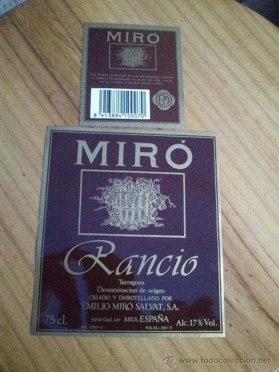 Etiquetas antiguas: 1 etiqueta nueva delantera y trasera de la botella de vino Rancio Mir&ograve;