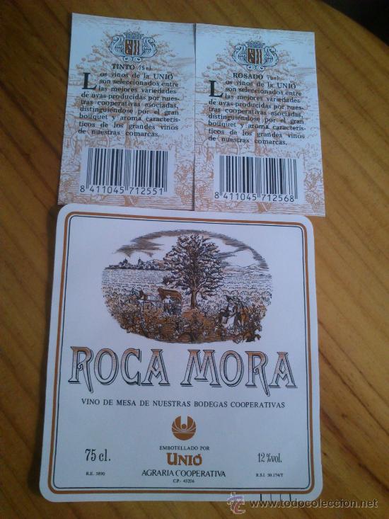 Etiquetas antiguas: 1 etiqueta nueva delantera y 2 traseras de la botella de vino Roca Mora