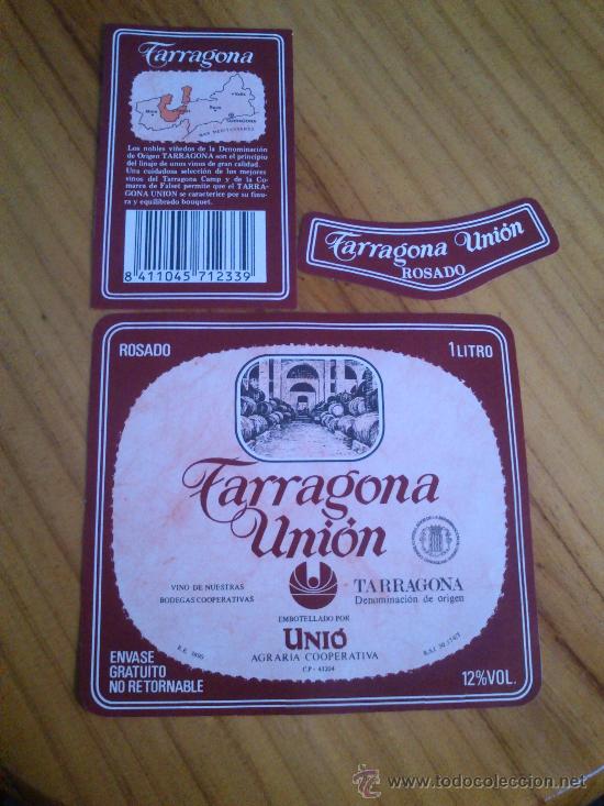 Etiquetas antiguas: 1 etiqueta nueva delantera, 1 trasera y otra del cuello de la botella de vino Tarragona Union rosado