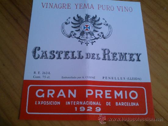 Etiquetas antiguas: 1 etiqueta nueva de vinagre yema puro vino  Castell del Remey