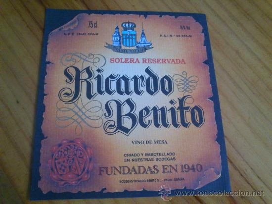 Etiquetas antiguas: 1 etiqueta nueva de vino Ricardo Benito solera reservada.