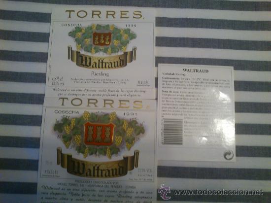 Etiquetas antiguas: Lote de 2 etiquetas nuevas de vino Waltraud de bodegas Torres cosecha 1991 y 1996
