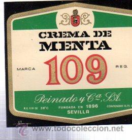 Etichette antiche: ETIQUETA CREMA DE MENTA, 109, PEINADO Y C&Iacute;A, SEVILLA