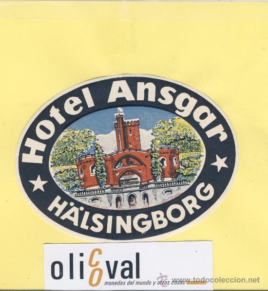 Etiquetas antiguas: ETIQUETA HOTEL -SUECIA -MONTA&Ntilde;AS  - HOTEL ANSGAR  -H&Auml;LSINGBORG -ILUSTRACION  56 X 105 mm.-