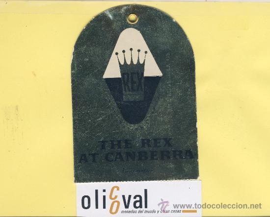 Etiquetas antiguas: ETIQUETA HOTEL - AUSTRALIA -  HOTEL  THE REX -AT CANBERRA-METALIZADA ORO  80 X 115 mm