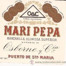 Etiquetas antiguas: ETIQUETA DE MANZANILLA OLOROSA SUPERIOR MARI PEPA, DE OSBORNE