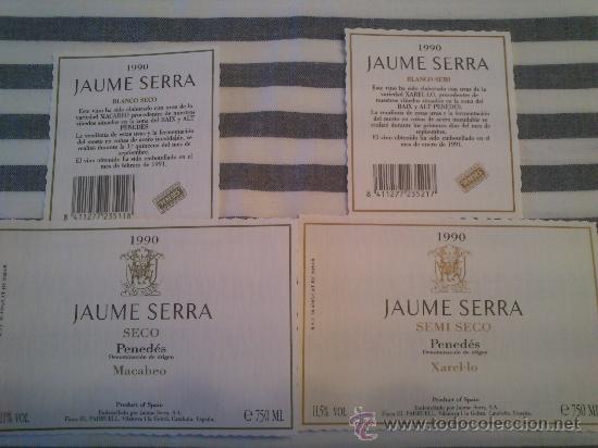 Etiquetas antiguas: Lote de 2 etiquetas delanteras nuevas y 2 traseras de la botella de vino Jaume Serra 1990