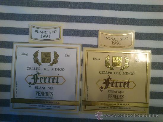 Etiquetas antiguas: Lote de 2 etiquetas delanteras y 2 del cuello de la botella nuevas de vino Ferret