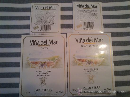 Etiquetas antiguas: Lote de 2 etiquetas delanteras y 2 traseras de la botella de vino Vi&ntilde;a del Mar azul