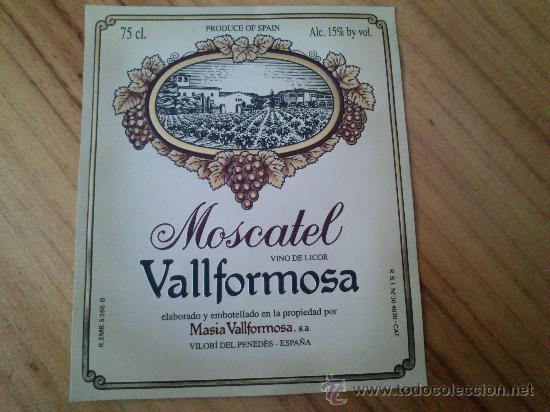 Etiquetas antiguas: Etiqueta nueva Moscatel vino de licor Vallformosa.