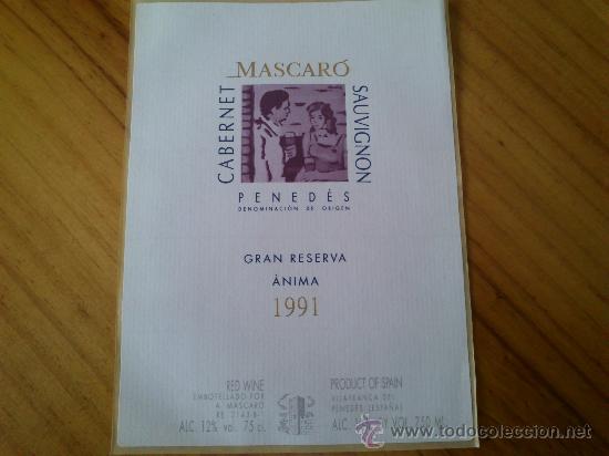 Etiquetas antiguas: Etiqueta adhesiva de vino Gran Reserva Anima 1991 de bodegas Mascar&ograve;