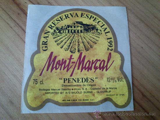 Etiquetas antiguas: 1 etiqueta adhesiva nueva de vino Mont-Mar&ccedil;al gran reserva especial 1992