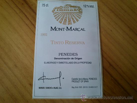 Etiquetas antiguas: 1 etiqueta nueva adhesiva de vino Mont-Mar&ccedil;al tinto reserva 1992