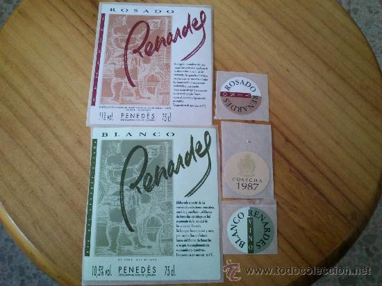 Etiquetas antiguas: Lote de 2 etiquetas adhesivas  nuevas delanteras y 3 del cuello de la botella de vino Renardel