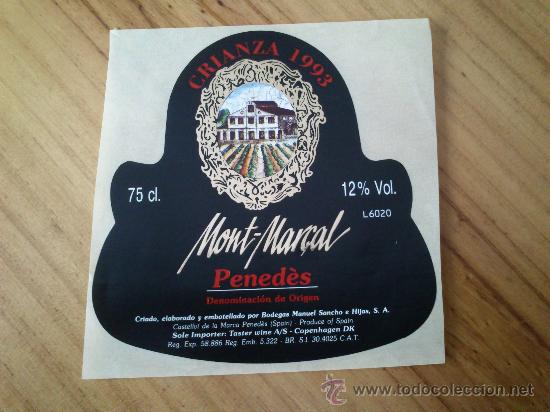 Etiquetas antiguas: 1 etiqueta nueva adhesiva de vino Mont-Mar&ccedil;al crianza 1993