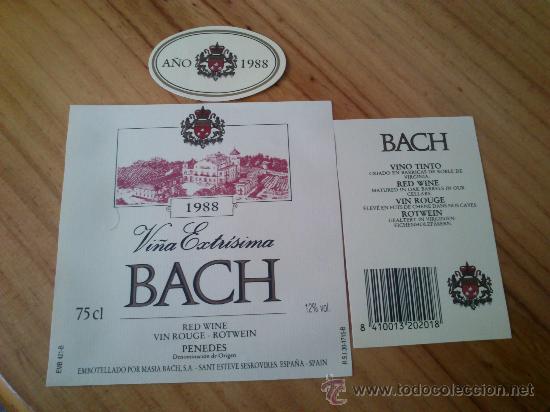 Etiquetas antiguas: 1 etiqueta delantera, 1 trasera 1 del cuello de la botella de vino de la bodega Bach