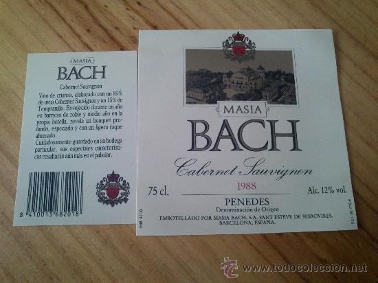 Etiquetas antiguas: Lote de 2 etiquetas nuevas de la botella de vino Bach masia cabernet sauvignon 1988