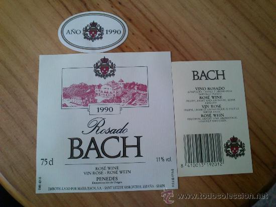 Etiquetas antiguas: Lote de 3 etiquetas nuevas de la botella de vino Bach rosado 1990