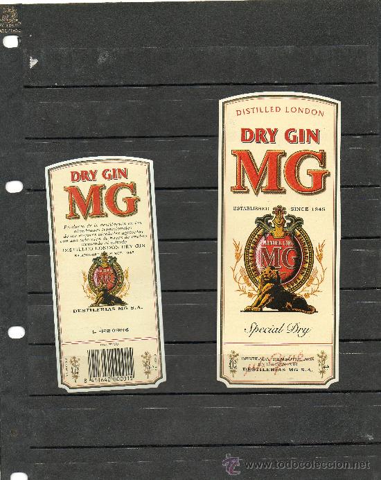 Etiquetas antiguas: ETIQUETA DE GINEBRA DE LA MARCA M G NUEVA SIN MARCAS DE USO DELANTERA Y TRASERA DE LA BOTELLA