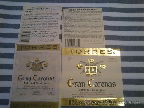 Etiquetas antiguas: Lote de 4 etiquetas nuevas diferentes de la botella de vino Gran Coronas de la bodega Torres