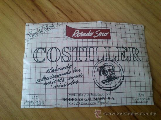 Etiquetas antiguas: 1 etiqueta usada de vino Costiller rosado seco