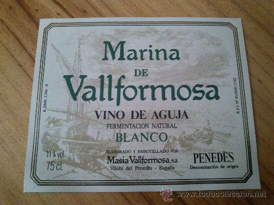 Etiquetas antiguas: 1 etiqueta nueva de la botella de vino de aguja blanco Marina de Vallformosa.