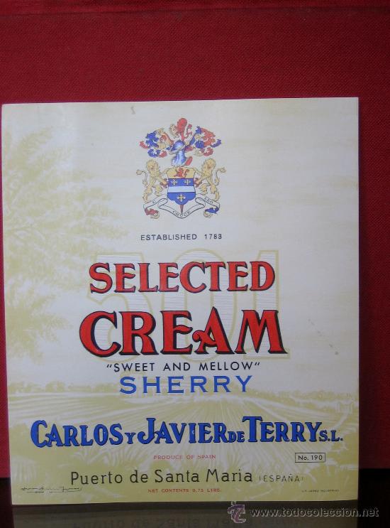 Etiquetas antiguas: ANTIGUA ETIQUETA DE VINO ORIGINAL SELECTED CREAM- SHERRY- CARLOS Y JAVIER TERRY PUERTO SANTA MARIA
