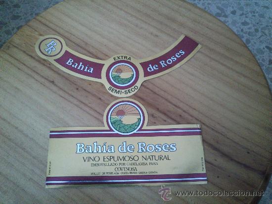 Etiquetas antiguas: Lote de 2 etiquetas nuevas de cava Bah&igrave;a de Roses semi seco. Vino espumoso natural.