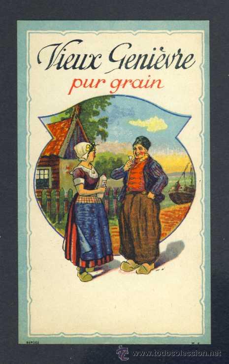 Etichette antiche: Etiqueta de licor: VIEUX GENIEVRE PUR GRAINE. Personajes holandeses