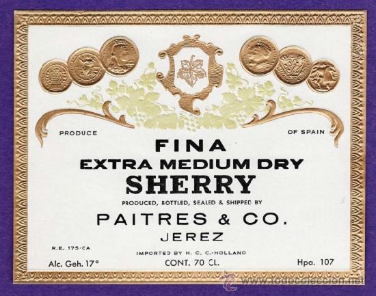 Old Labels: antigua etiqueta - fina extra medium dry sherry - paitres & co - jerez - imp. de holanda