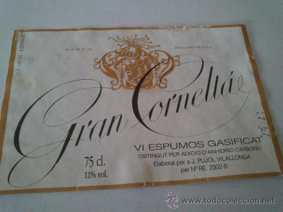 Etiquetas antiguas: Etiqueta usada de vino espumoso gasificado Gran Cornella.