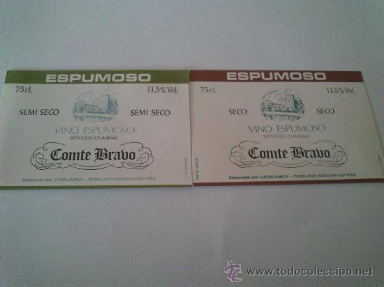 Etiquetas antiguas: Lote de 2 etiquetas delanteras nuevas de vino espumoso Comte Bravo seco y semi seco.