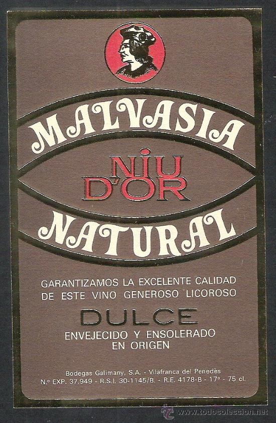 Etiquetas antiguas: etiqueta de malvasia natural niu d'or vino dulce bodegas galimany vilafranca del penedes