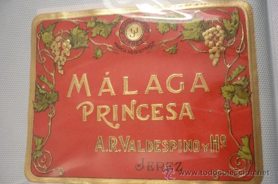 Alte Etiketten: PRECIOSA ETIQUETA TROQUELADA DE MALAGA PRINCESA. A.R. VALDESPINO Y H&ordm;. IMPECABLE