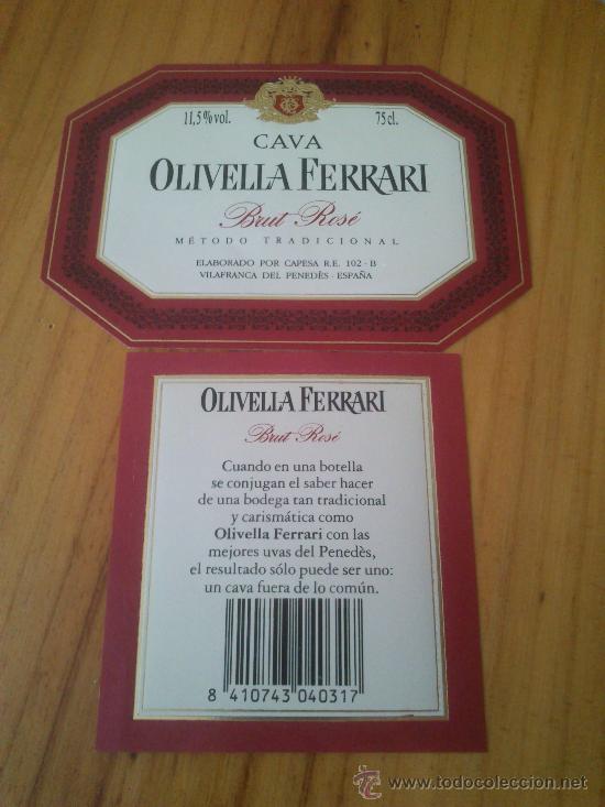 Etiquetas antiguas: Lote de las 2 Etiquetas Nuevas de la botella de cava Olivella Ferrari brut ros&egrave;.
