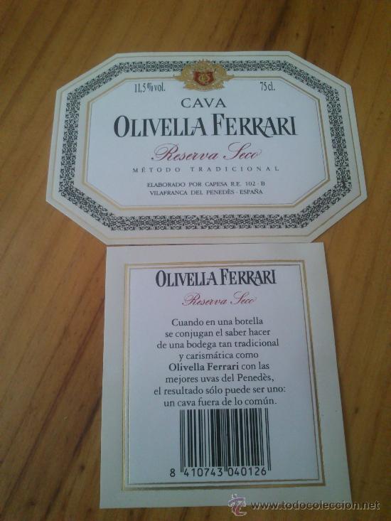 Etiquetas antiguas: Lote de las 2 Etiquetas Nuevas de la botella de cava Olivella Ferrari reserva seco.