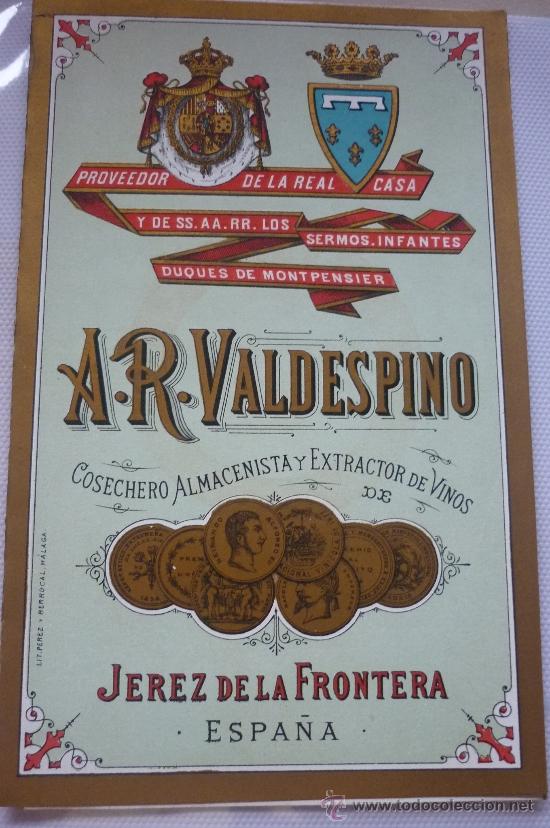 Alte Etiketten: TR&Iacute;PTICO, EN CART&Oacute;N, DE LISTA DE PRECIOS DE VINOS DE A.R. VALDESPINO. FINALES SIGLO XIX. FONDO VERDE
