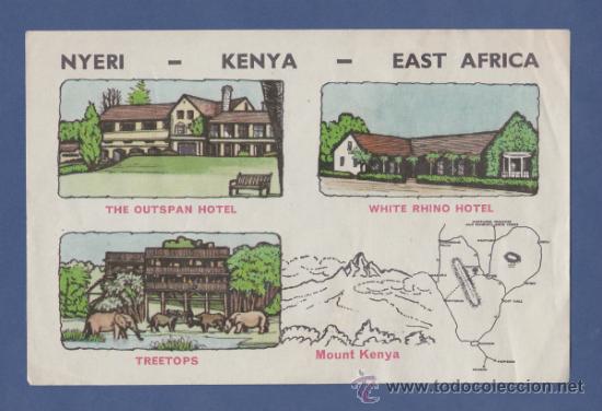 Etiquetas antiguas: ETIQUETA HOTEL THE OUTSPAN,WHITE RHINO, TREETOPS - NYERI, KENYA - 16,5X11cm.